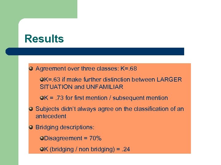 Results Agreement over three classes: K=. 68 K=. 63 if make further distinction between