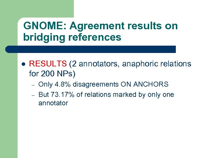 GNOME: Agreement results on bridging references l RESULTS (2 annotators, anaphoric relations for 200