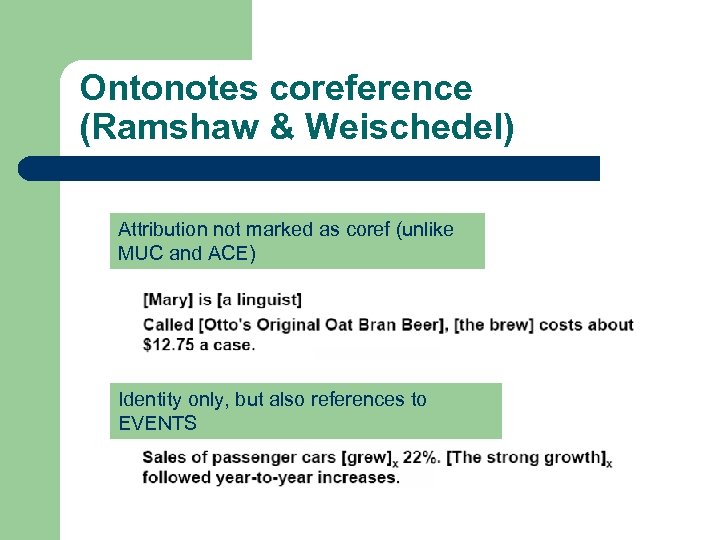 Ontonotes coreference (Ramshaw & Weischedel) Attribution not marked as coref (unlike MUC and ACE)