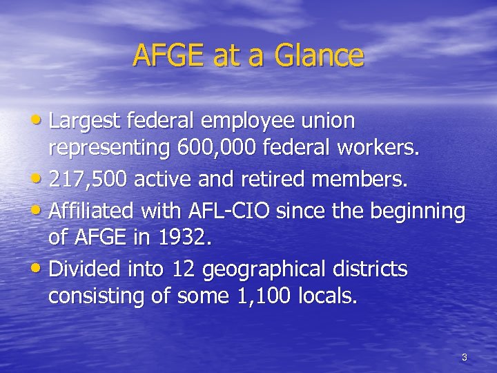 AFGE at a Glance • Largest federal employee union representing 600, 000 federal workers.