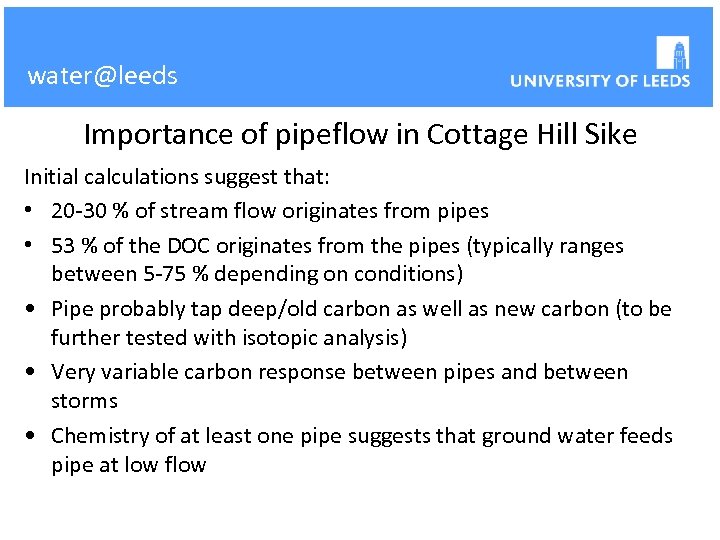 water@leeds Importance of pipeflow in Cottage Hill Sike Initial calculations suggest that: • 20