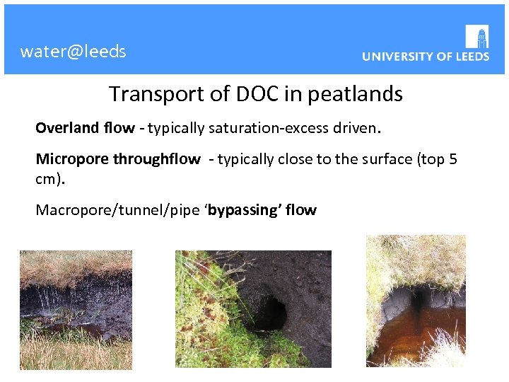 water@leeds Transport of DOC in peatlands Overland flow - typically saturation-excess driven. Micropore throughflow