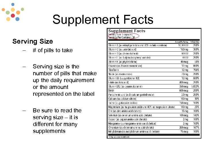 Supplement Facts Serving Size – # of pills to take – Serving size is