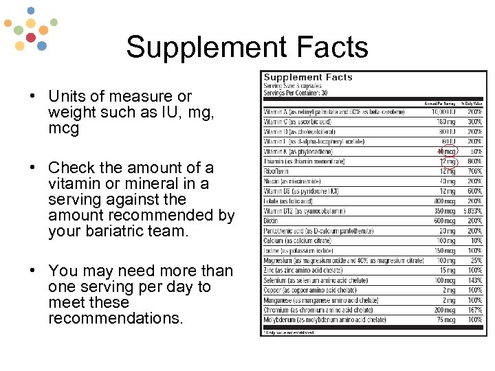 Supplement Facts • Units of measure or weight such as IU, mg, mcg •