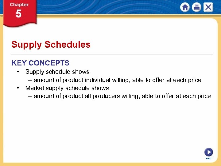 Supply Schedules KEY CONCEPTS • Supply schedule shows – amount of product individual willing,