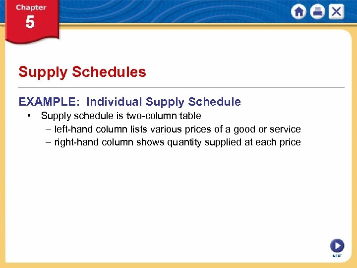 Supply Schedules EXAMPLE: Individual Supply Schedule • Supply schedule is two-column table – left-hand