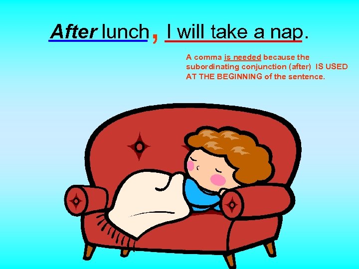 , After lunch I will take a nap. A comma is needed because the