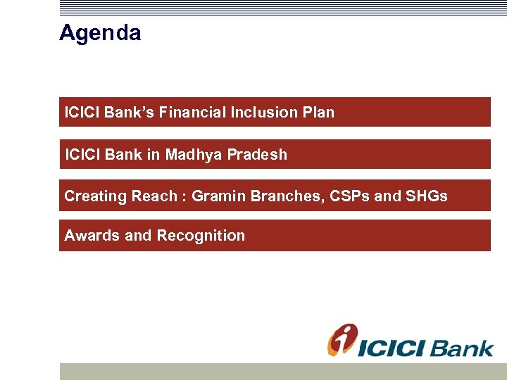 Agenda ICICI Bank’s Financial Inclusion Plan ICICI Bank in Madhya Pradesh Creating Reach :