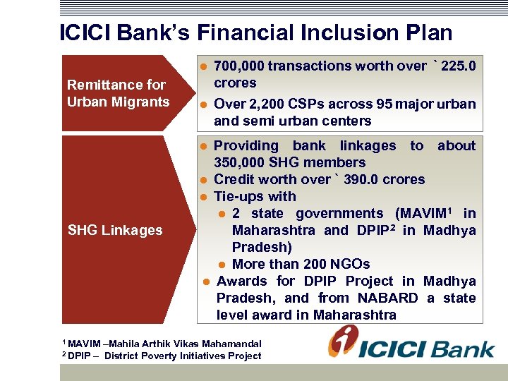 ICICI Bank’s Financial Inclusion Plan Remittance for Urban Migrants 700, 000 transactions worth over