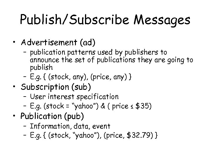 Publish/Subscribe Messages • Advertisement (ad) – publication patterns used by publishers to announce the