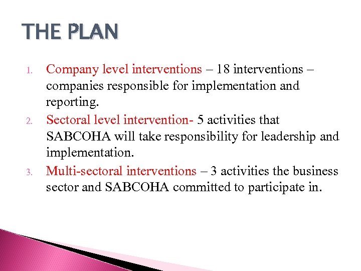 THE PLAN 1. 2. 3. Company level interventions – 18 interventions – companies responsible