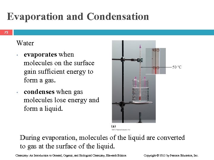 Evaporation and Condensation 72 Water • • evaporates when molecules on the surface gain