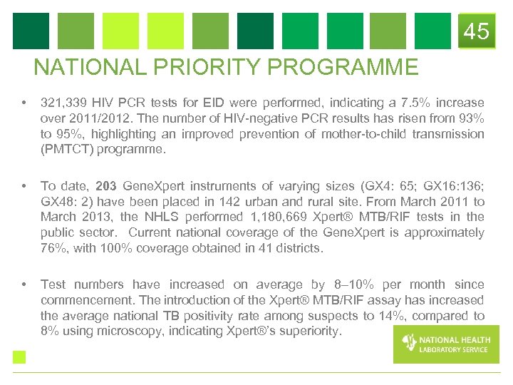 45 NATIONAL PRIORITY PROGRAMME • 321, 339 HIV PCR tests for EID were performed,