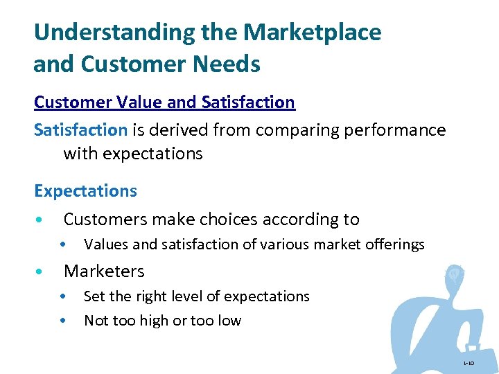 Understanding the Marketplace and Customer Needs Customer Value and Satisfaction is derived from comparing