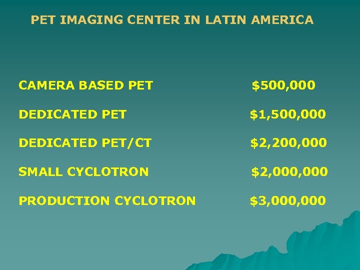 PET IMAGING CENTER IN LATIN AMERICA CAMERA BASED PET $500, 000 DEDICATED PET $1,