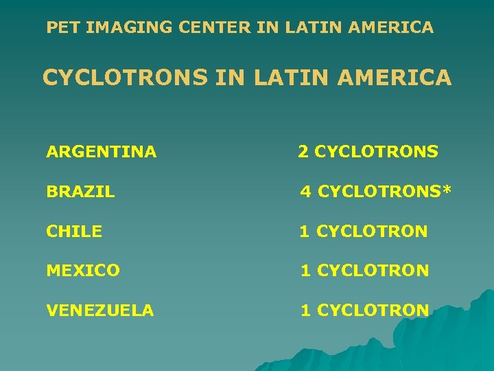 PET IMAGING CENTER IN LATIN AMERICA CYCLOTRONS IN LATIN AMERICA ARGENTINA 2 CYCLOTRONS BRAZIL