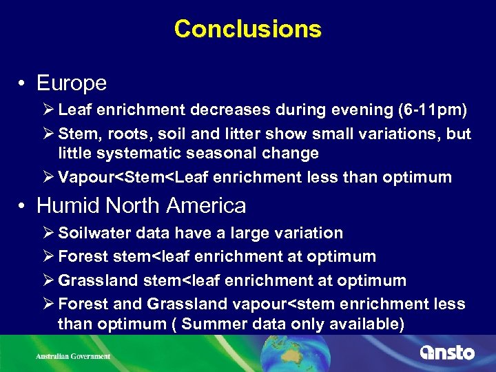 Conclusions • Europe Ø Leaf enrichment decreases during evening (6 -11 pm) Ø Stem,