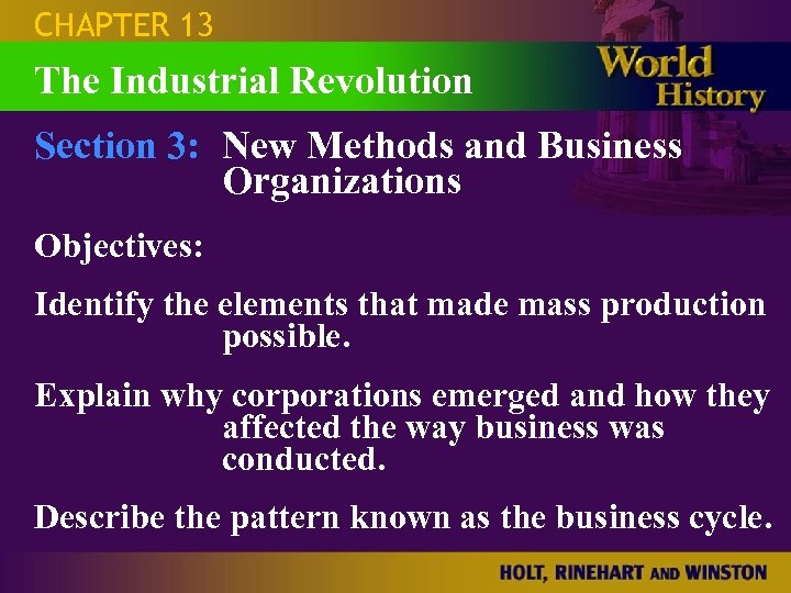 CHAPTER 13 The Industrial Revolution Section 3: New Methods and Business Organizations Objectives: Identify