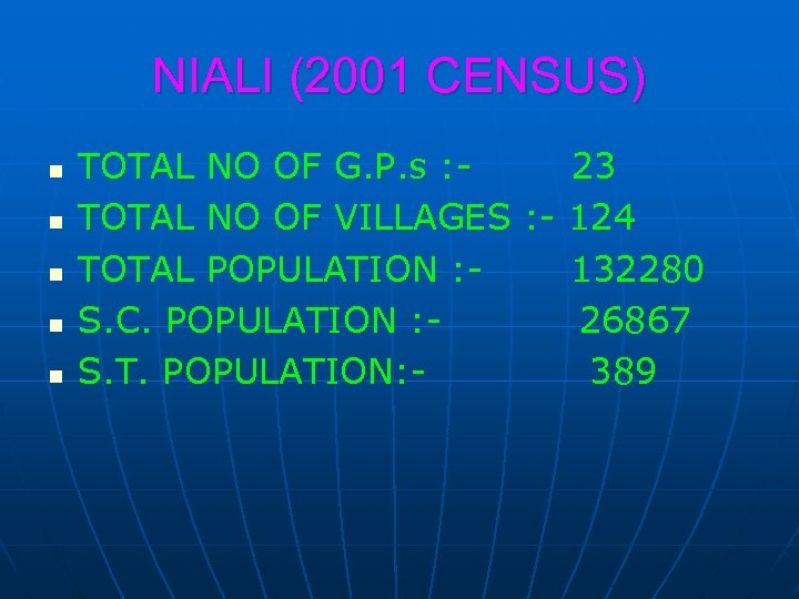 NIALI (2001 CENSUS) n n n TOTAL NO OF G. P. s : 23