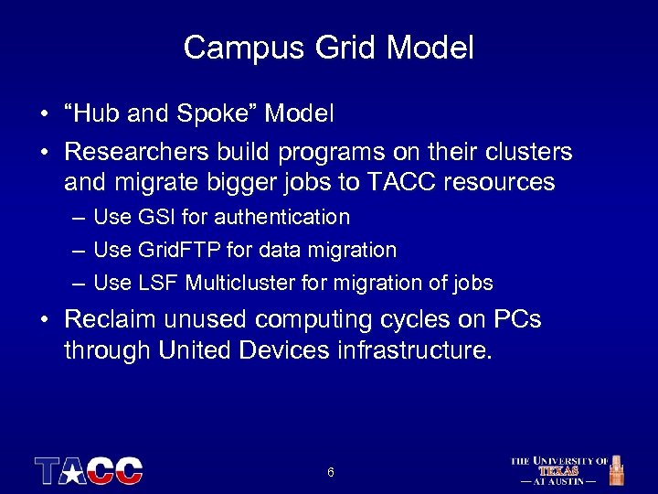 Campus Grid Model • “Hub and Spoke” Model • Researchers build programs on their