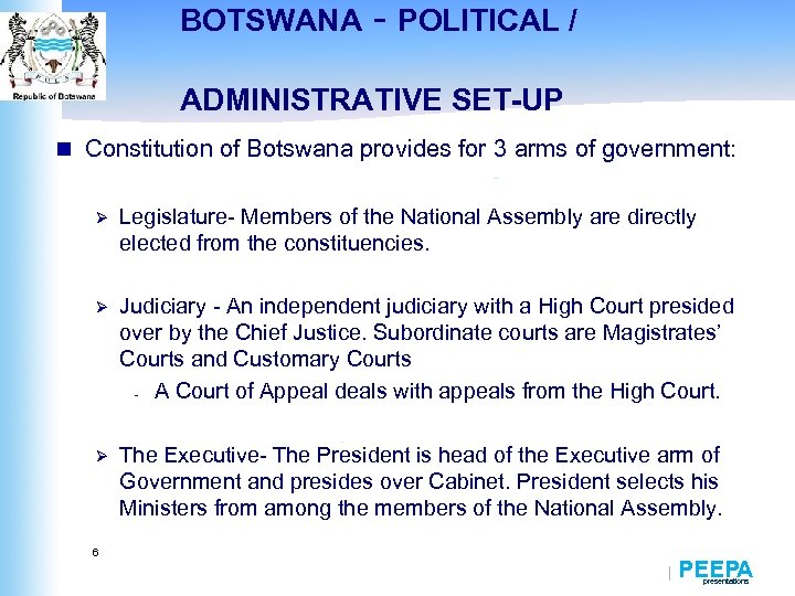 BOTSWANA - POLITICAL / ADMINISTRATIVE SET-UP n Constitution of Botswana provides for 3 arms