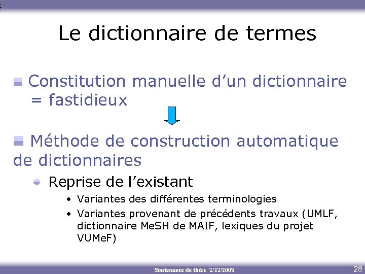 Le dictionnaire de termes Constitution manuelle d’un dictionnaire = fastidieux Méthode de construction automatique