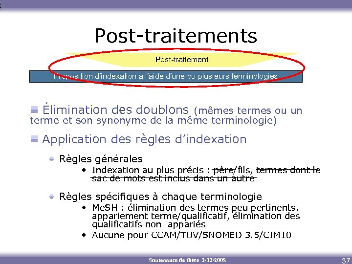 Post-traitements Post-traitement Proposition d’indexation à l’aide d’une ou plusieurs terminologies Élimination des doublons (mêmes