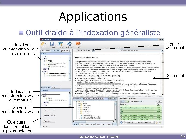 Applications Outil d’aide à l’indexation généraliste Type de document Indexation multi-terminologique manuelle Document Indexation