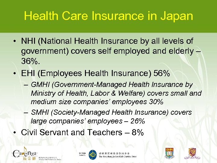 Health Care Insurance in Japan • NHI (National Health Insurance by all levels of