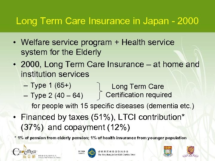 Long Term Care Insurance in Japan - 2000 • Welfare service program + Health