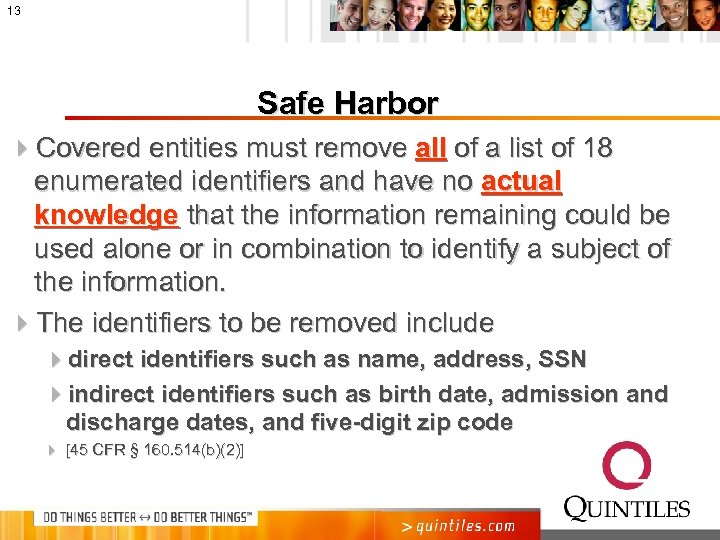 13 Safe Harbor 4 Covered entities must remove all of a list of 18