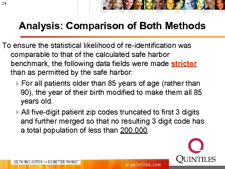 24 Analysis: Comparison of Both Methods To ensure the statistical likelihood of re-identification was