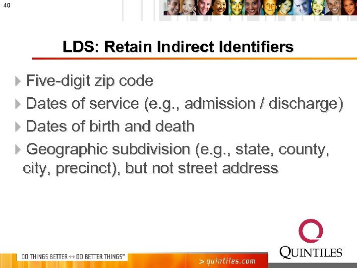 40 LDS: Retain Indirect Identifiers 4 Five-digit zip code 4 Dates of service (e.