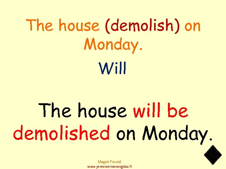 The house (demolish) on Monday. Will The house will be demolished on Monday. Magali