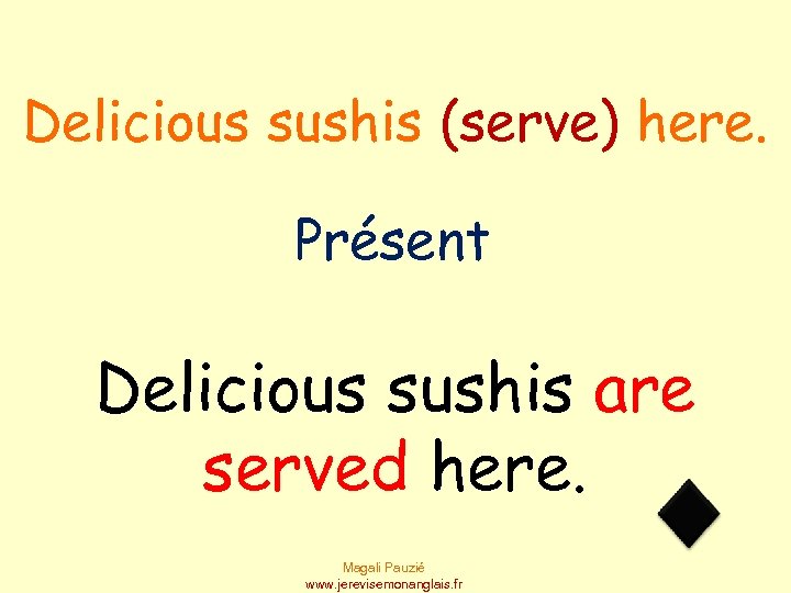 Delicious sushis (serve) here. Présent Delicious sushis are served here. Magali Pauzié www. jerevisemonanglais.