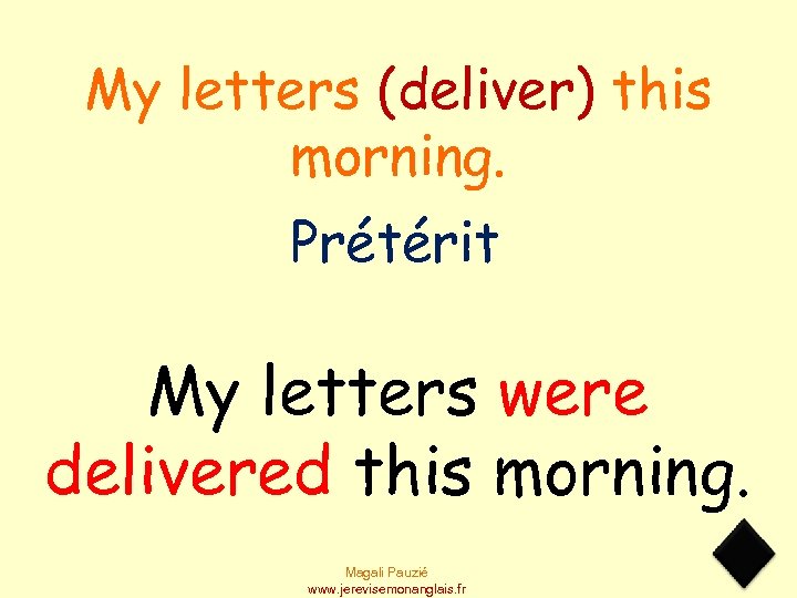 My letters (deliver) this morning. Prétérit My letters were delivered this morning. Magali Pauzié