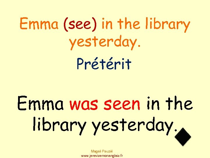 Emma (see) in the library yesterday. Prétérit Emma was seen in the library yesterday.