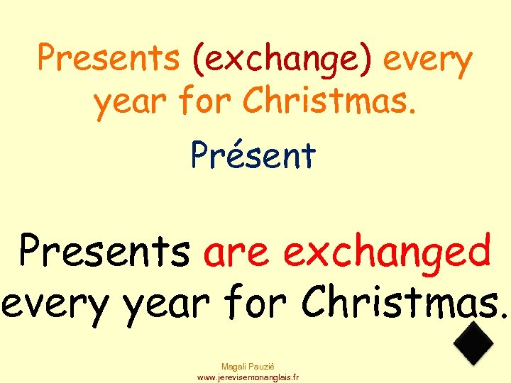 Presents (exchange) every year for Christmas. Présent Presents are exchanged every year for Christmas.