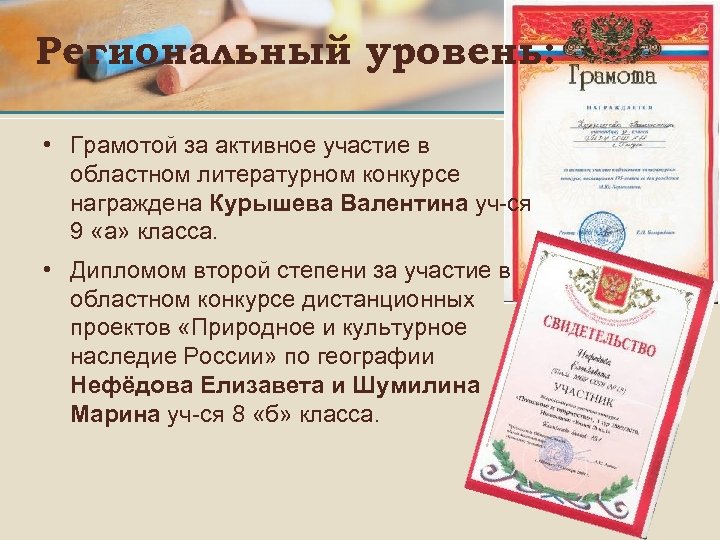 Региональный уровень: • Грамотой за активное участие в областном литературном конкурсе награждена Курышева Валентина