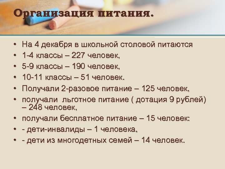 Организация питания. • • • На 4 декабря в школьной столовой питаются 1 -4