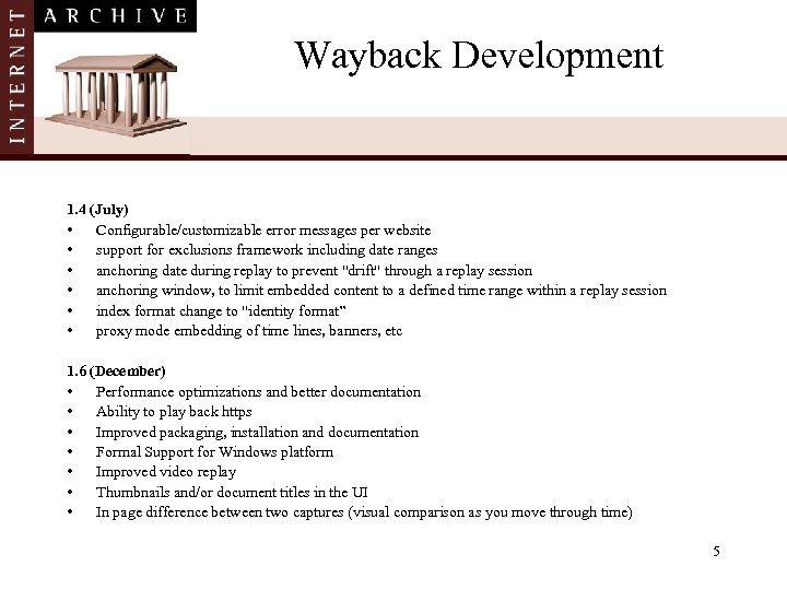 Wayback Development 1. 4 (July) • Configurable/customizable error messages per website • support for