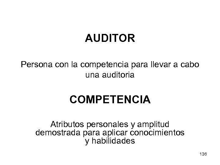 AUDITOR Persona con la competencia para llevar a cabo una auditoria COMPETENCIA Atributos personales