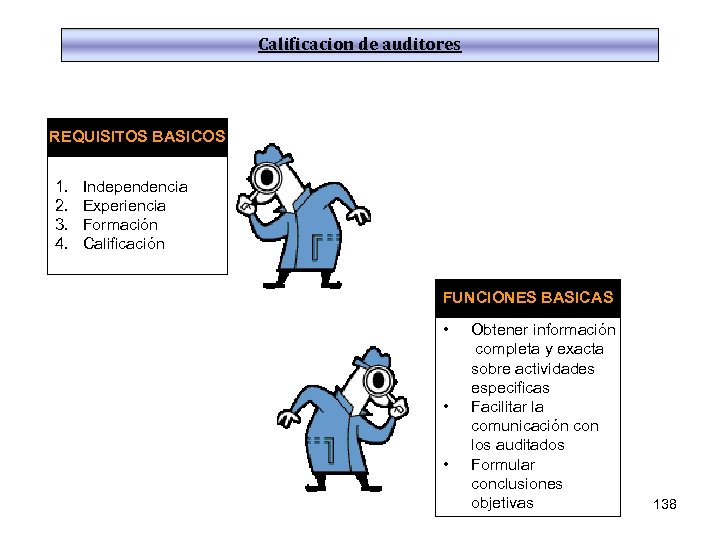 Calificacion de auditores REQUISITOS BASICOS 1. 2. 3. 4. Independencia Experiencia Formación Calificación FUNCIONES