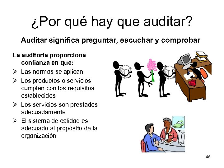 ¿Por qué hay que auditar? Auditar significa preguntar, escuchar y comprobar La auditoria proporciona