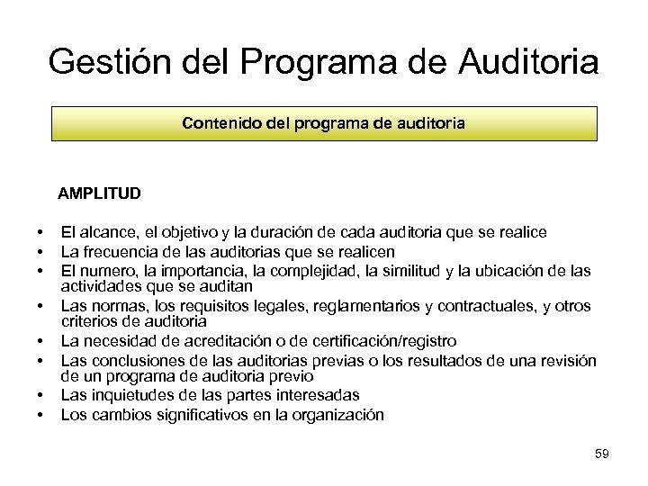 Gestión del Programa de Auditoria Contenido del programa de auditoria AMPLITUD • • El