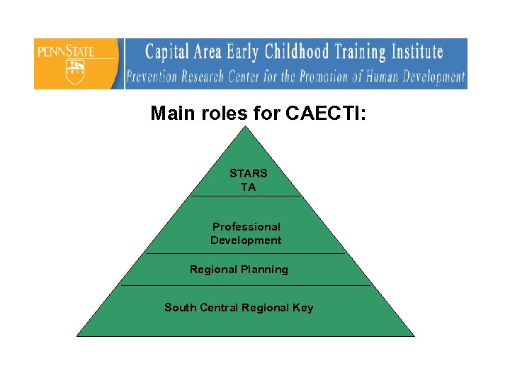 Main roles for CAECTI: STARS TA Professional Development Regional Planning South Central Regional Key