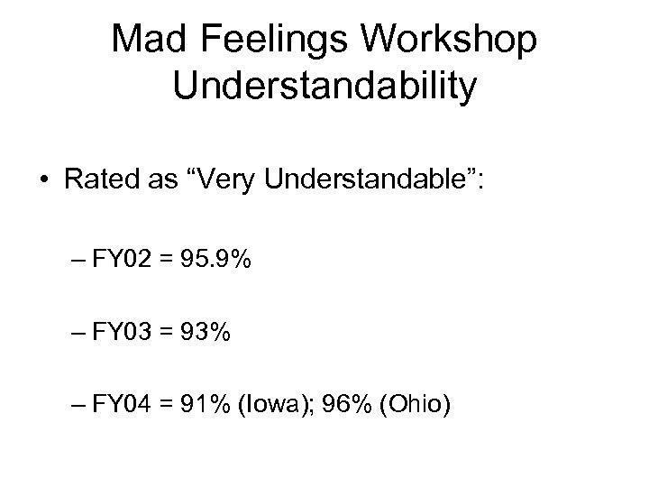 Mad Feelings Workshop Understandability • Rated as “Very Understandable”: – FY 02 = 95.