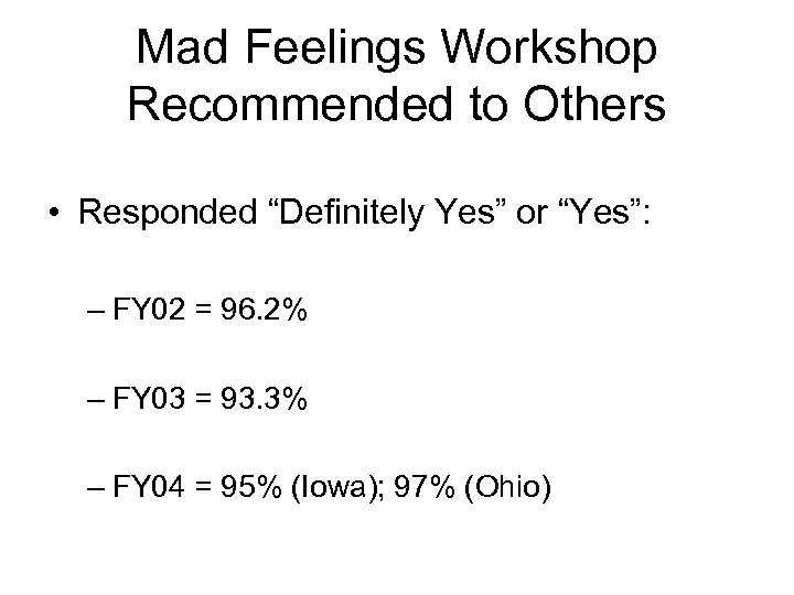 Mad Feelings Workshop Recommended to Others • Responded “Definitely Yes” or “Yes”: – FY