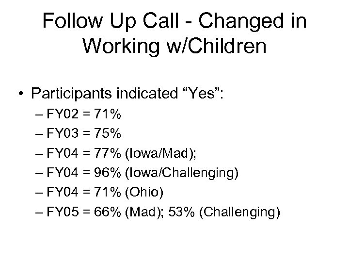 Follow Up Call - Changed in Working w/Children • Participants indicated “Yes”: – FY