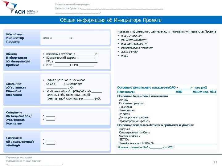 Инвестиционный меморандум Реализация Проекта «_______________________________» Общая информация об Инициаторе Проекта Краткая информация о деятельности